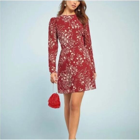 EUC $200 Reformation Romee Red Floral Long Sleeve Mini Dress - Picture 1 of 7